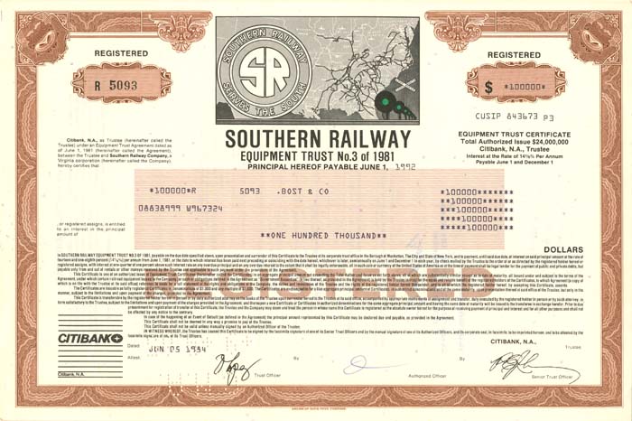 Southern Railway $100,000 Bond